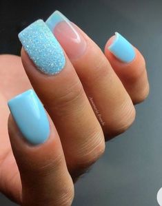 Blue Gel Nails, Blue Glitter Nails, Baby Blue Nails, Blue Acrylic Nails, Nagel Tips, French Tip Acrylic Nails, Blue French, Cute Gel Nails, Blue Nail