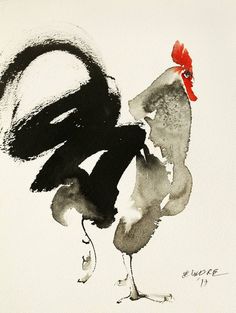 an ink drawing of a rooster with a red comb on its head and tail, standing in front of a white background