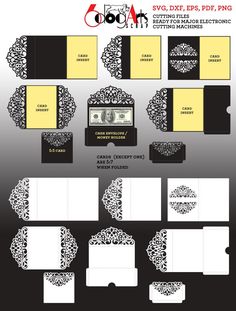 an assortment of paper cut outs and envelopes with different designs on them, including one dollar