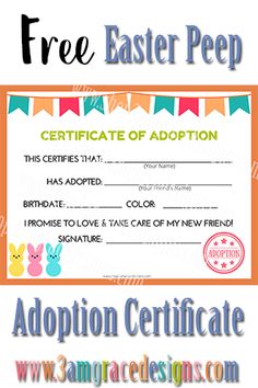 an easter certificate with the words, free easter peep