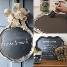 the chalkboard is hanging on the wall and it has a bow attached to it