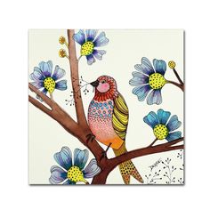 a colorful bird sitting on top of a tree branch with blue and yellow flowers in the background