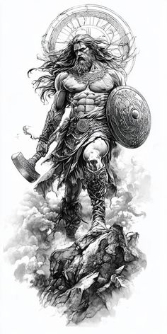 a black and white drawing of a viking