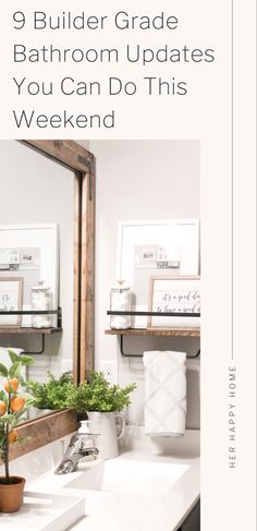 a bathroom sink sitting under a mirror next to a wooden shelf with pictures on it