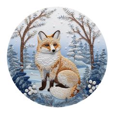 a painting of a fox sitting in the snow