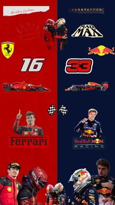 the red bull racing team is depicted in this graphic art work, which includes two men and