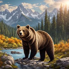 a brown bear standing on top of a river next to a forest filled with trees