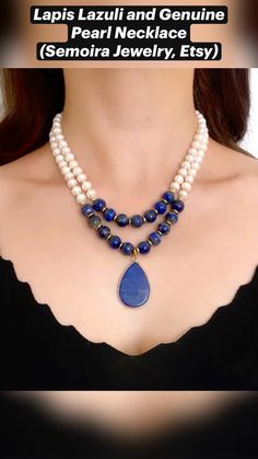 This elegant and captivating double-strand necklace is designed with the deep and mysterious hues of lapis lazuli and natural genuine pearls. The rich dark blue color of the necklace plays a prominent role in the overall design, lending it a sophisticated and striking appearance. Navy blue symbolizes wisdom and depth; it promotes calmness and inner peace while also exuding a powerful presence. Lapis lazuli takes center stage in this necklace, with its deep blue tone reminiscent of the night sky. Throughout history, this stone has been revered as a symbol of wisdom and strength, known for its ability to enhance mental clarity and spiritual balance. The deep blue agate pendant adds a refined depth to the design. Blue Beaded Necklace For Birthday, Blue Round Beads Necklaces For Birthday, Blue Round Bead Necklaces For Birthdays, Blue Beaded Necklace For Birthday With Round Beads, Blue Beaded Necklace With Pearl Drop For Gift, Blue Double Strand Pearl Necklace For Gift, Blue Double Strand Pearl Necklace Gift, Blue Double Strand Beaded Pearl Necklace, Spiritual Balance