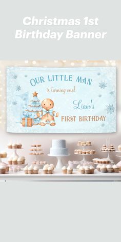 a baby's first birthday banner is shown with cupcakes and cookies on the table