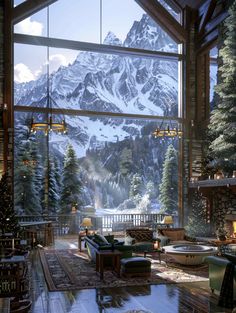 a living room filled with lots of furniture and a large window covered in snow capped mountains