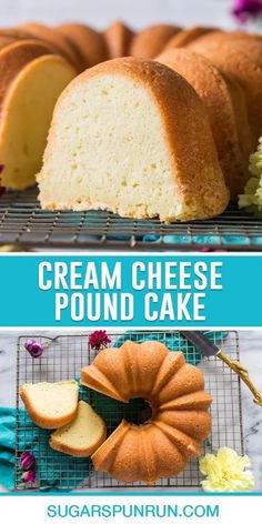 two pictures showing different types of cream cheese pound cake on cooling rack and with text overlay that reads, cream cheese pound cake