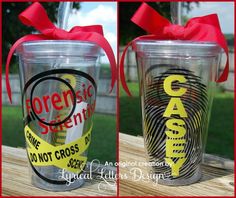 two pictures of the same tumbler cup with red ribbon on it, and one has a