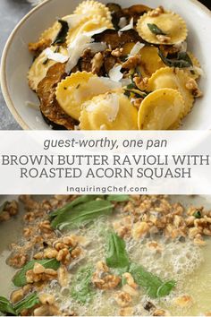 brown butter ravioli with roasted acorn squash and walnuts in a white bowl