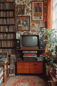 a living room filled with lots of books and movies on the wall next to a tv