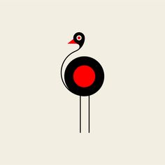 a black and red bird standing on top of a white background with an orange dot