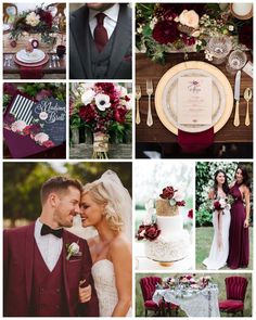 a collage of photos with red and white wedding colors