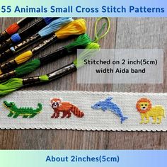 cross stitch bookmarks with animals on them and the words, 5 animals small cross stitch patterns