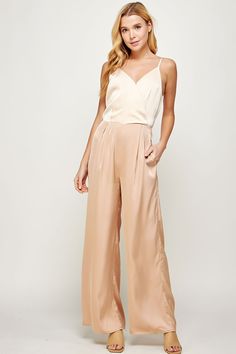 satin palazzo jumpsuit Champagne Satin Jumpsuit, Chic Satin V-neck Jumpsuits And Rompers, Elegant Solid Jumpsuits With Spaghetti Straps, Satin V-neck Jumpsuits And Rompers For Party, Satin Jumpsuit With V-neck For Party, Satin V-neck Jumpsuit For Party, Party Satin V-neck Jumpsuits And Rompers, Formal Satin V-neck Jumpsuit, Chic Satin Jumpsuits And Rompers With V-neck