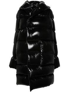 black goose down padded design quilted concealed front press-stud fastening oversized hood long sleeves two side welt pockets quilted lining straight hem knee-length Long Quilted Coat, Women's Puffer Coats, Hooded Puffer Jacket, Black Down, Webbing Strap, Summer Beach Wear, Flat Boots, Ballet Flat Shoes, Funnel Neck