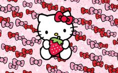 a hello kitty wallpaper with strawberrys and bows on it's back ground