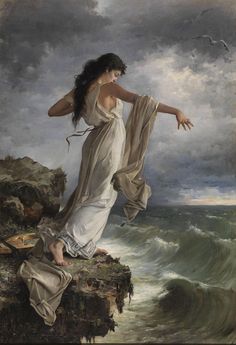 a painting of a woman standing on top of a cliff