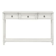 a white console table with two drawers