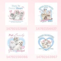 four stickers with dogs and hearts on them in pink, white and blue colors