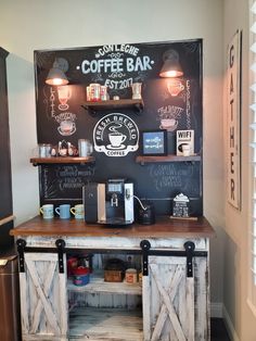 a coffee bar with chalkboard behind it