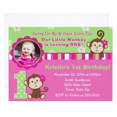 a pink and green monkey 1st birthday party card with the number one on it's side