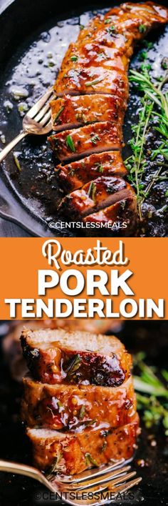 roasted pork tender on a grill with fork and garnish