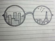 a drawing of a pair of glasses with cityscape in them