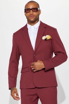 Available In Burgundy. Pointed Lapels Front Pockets Button Front Pair with The Modern Stretch Slim Trouser Shell 65% Polyester 33% Viscose 2% Spandex Lining 100% Polyester Imported | Mens The Modern Stretch Suit Jacket in Burgundy size Large by Fashion Nova Fitted Solid Suits For Fall, Solid Fitted Suits For Fall, Fitted Burgundy Blazer For Business Casual, Fitted Burgundy Outerwear For Business Casual, Fitted Burgundy Blazer For Work, Fitted Single Breasted Burgundy Outerwear, Fitted Single-breasted Burgundy Outerwear, Fitted Burgundy Outerwear With Notch Lapel, Fitted Burgundy Notch Lapel Outerwear