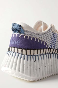 Blue Nama embroidered suede and recycled mesh sneakers | CHLOÉ | NET-A-PORTER Sports Fashion Design, Travel Sneakers, Cmf Design, Shoe Sketches, Industrial Design Trends, Sneaker Design, Chloe Shoes, Shoe Design, Learning Platform