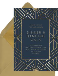 an art deco style dinner and dancing gala card with gold foil on the front, in navy