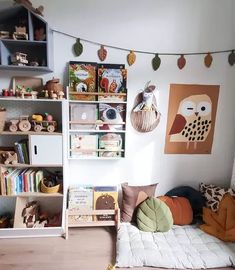 a child's room with bookshelves, toys and stuffed animals