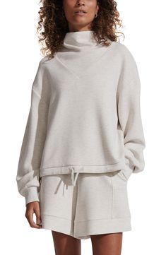 Muted tones and a softly shaped inset funnel neck add style points to this essential sweatshirt designed with a drawstring hem. 23" length (size Medium) Funnel neck Ribbed cuffs 72% viscose, 23% polyester, 5% elastane Machine wash, dry flat Imported Knit Sets, Essential Sweatshirt, Funnel Neck Sweatshirt, White Long Sleeve Top, Muted Tones, Sweatshirt Outfit, Knit Set, Funnel Neck, Sweatshirt Designs