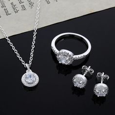 New Itme Lowest Price Do Not Miss. Woman Jewelry Set. 925 Cute Silver Crystal Wedding Solid Necklace Set Charm Woman Stamps 925 Length About 18inch /45cm Ring Size 8 Silver Bridal Jewellery, Solid Necklace, Rhinestone Collar, Mark 4, Crystal Jewelry Sets, Zircon Jewelry, Silver Jewellery Sets, Pretty Necklaces, Crystal Necklace Pendant