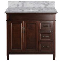 an image of a bathroom vanity with marble top and dark wood cabinetry on white background