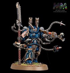 a blue and black warhammer with two swords on it's head, standing in front of a black background