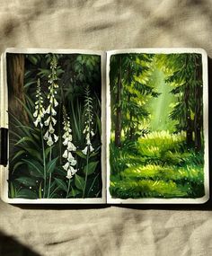 an open book with two pictures of trees and flowers