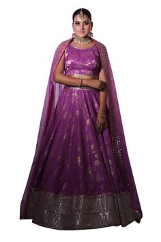 Purple attached cancan lehenga with gold floral woven patterns and sequin border. Comes with matching padded blouse and net embellished dupatta. - Aza Fashions Cancan Lehenga, Lehenga And Blouse, Purple Lehenga, Brocade Lehenga, Padded Blouse, Blouse Silk, Silk Brocade, Gold Floral, Set For Women