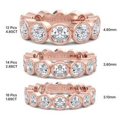 three rose gold rings with round diamonds on each side and the names of different sizes