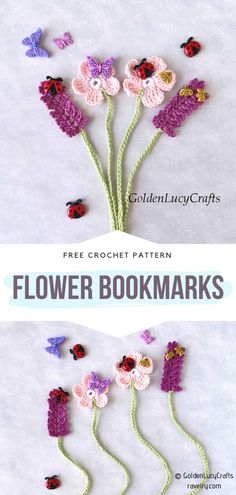 crochet flower bookmarks with text overlay that reads free crochet pattern