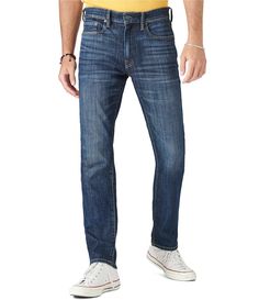 From Lucky Brand&#x2C; these jeans feature:5-pocket stylingContrast stitch on back pocketAthletic fitZip fly button closureCOOLMAX® fabric&#x2C; dark wash with whiskers and fading on frontApprox. 15 1/2" leg opening Front button zip closure; belt loopsCotton/Tencel™ lyocel/Coolmax®/polyester/Lycra®/elastaneMachine wash; tumble dryImported. Mens Straight Jeans, Build Your Brand, Dark Wash Denim, Athletic Fits, Dillard's, Stretch Jeans, Lucky Brand, Levi Jeans, Mens Jeans