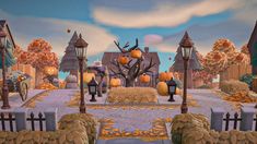 an animated halloween scene with pumpkins on the ground