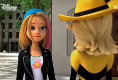 a cartoon character with blonde hair and a yellow hat standing next to a woman in a black jacket