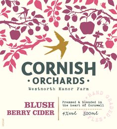 the label for corinsh orchards bush berry cider, with an image of a bird on it