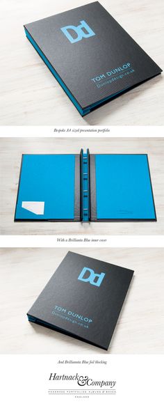 three different views of the front and back of a blue folder with black paper on it