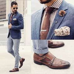 One of my favorites, the gingham and monks dress it down a little bit   http://whatmyboyfriendwore.tumblr.com/post/131078746435/blue-and-brown-sunglasses-by-rayban-blazer Blue Blazer Men, Blazer Men, Mens Fashion Edgy, Gq Style, Mens Fashion Smart, Mens Fashion Blog, Brown Sunglasses