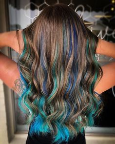 Brunette Hair With Fun Colors, Fun Color Highlights In Brown Hair, Color Fade Hair Brunette, Blue Highlights Straight Hair, Cute Hair Colors For Brown Hair, Pops Of Color Hair Brunette, Light Brown Hair With Teal Highlights, Light Brown Hair With Vivid Color, Brown Hair With Bright Colors